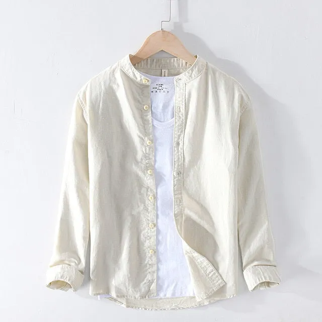 Cotton Linen Casual Shirts Men Basic Classic White Hawaiian Shirt 2020 Summer Male Long Sleeve Stand Collar Breathable Thin Tops