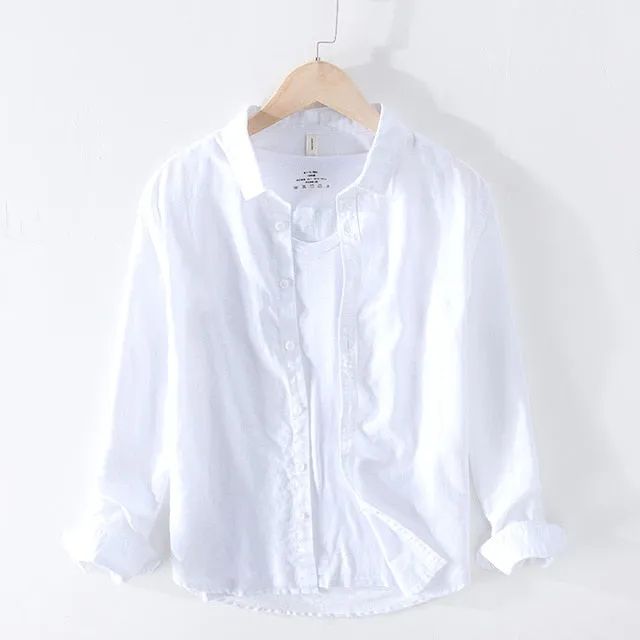 Cotton Linen Casual Shirts Men Basic Classic White Hawaiian Shirt 2020 Summer Male Long Sleeve Stand Collar Breathable Thin Tops