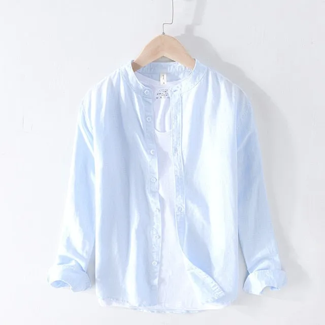 Cotton Linen Casual Shirts Men Basic Classic White Hawaiian Shirt 2020 Summer Male Long Sleeve Stand Collar Breathable Thin Tops