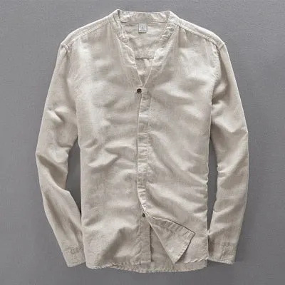 Cotton Linen Casual Shirts Men Basic Classic White Hawaiian Shirt 2020 Summer Male Long Sleeve Stand Collar Breathable Thin Tops