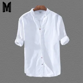 Cotton Linen Casual Shirts Men Basic Classic White Hawaiian Shirt 2020 Summer Male Long Sleeve Stand Collar Breathable Thin Tops
