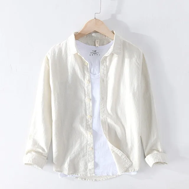 Cotton Linen Casual Shirts Men Basic Classic White Hawaiian Shirt 2020 Summer Male Long Sleeve Stand Collar Breathable Thin Tops