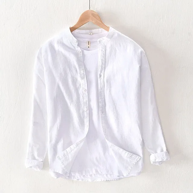 Cotton Linen Casual Shirts Men Basic Classic White Hawaiian Shirt 2020 Summer Male Long Sleeve Stand Collar Breathable Thin Tops