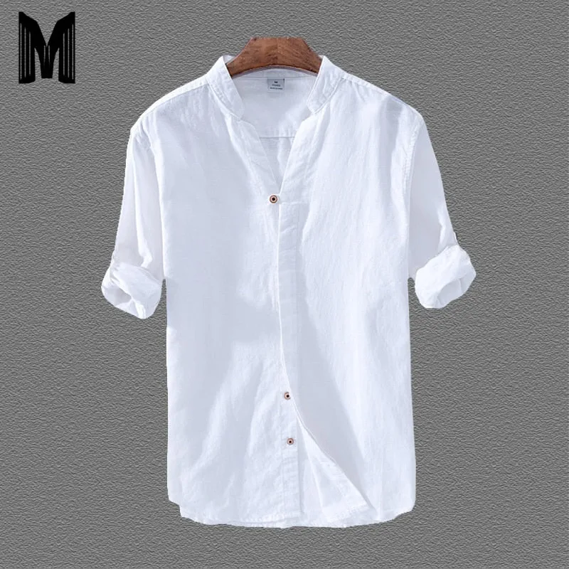 Cotton Linen Casual Shirts Men Basic Classic White Hawaiian Shirt 2020 Summer Male Long Sleeve Stand Collar Breathable Thin Tops