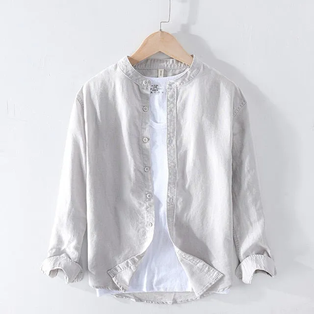 Cotton Linen Casual Shirts Men Basic Classic White Hawaiian Shirt 2020 Summer Male Long Sleeve Stand Collar Breathable Thin Tops