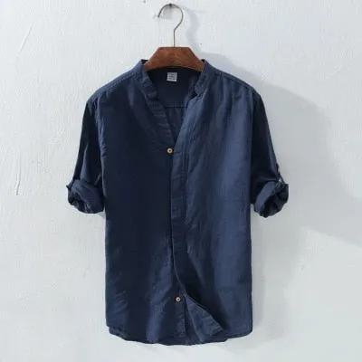 Cotton Linen Casual Shirts Men Basic Classic White Hawaiian Shirt 2020 Summer Male Long Sleeve Stand Collar Breathable Thin Tops