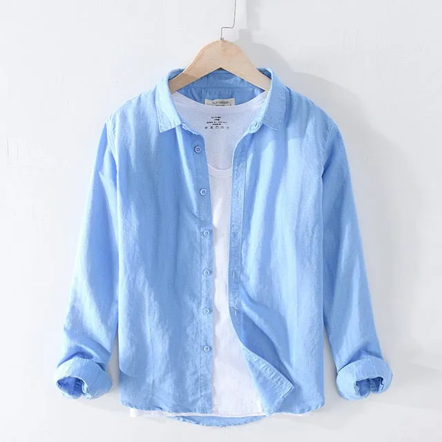 Cotton Linen Casual Shirts Men Basic Classic White Hawaiian Shirt 2020 Summer Male Long Sleeve Stand Collar Breathable Thin Tops