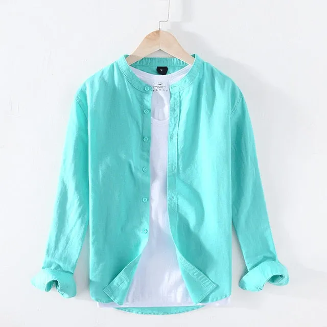 Cotton Linen Casual Shirts Men Basic Classic White Hawaiian Shirt 2020 Summer Male Long Sleeve Stand Collar Breathable Thin Tops