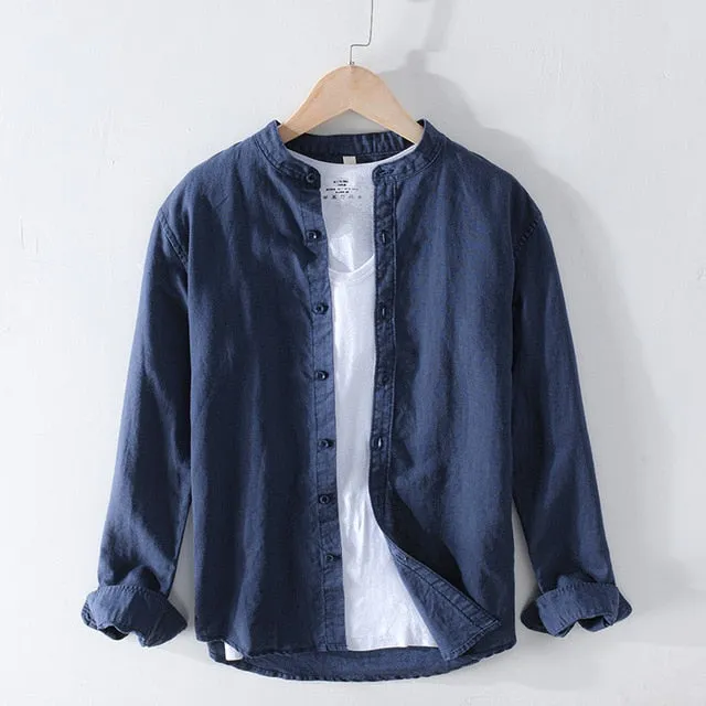 Cotton Linen Casual Shirts Men Basic Classic White Hawaiian Shirt 2020 Summer Male Long Sleeve Stand Collar Breathable Thin Tops