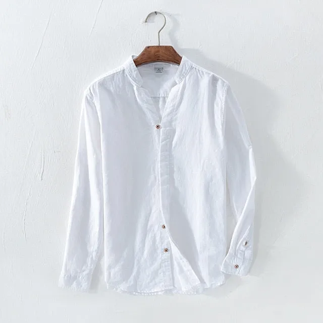 Cotton Linen Casual Shirts Men Basic Classic White Hawaiian Shirt 2020 Summer Male Long Sleeve Stand Collar Breathable Thin Tops