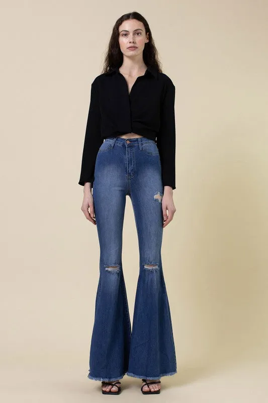 Dark Blue Long Tall High-Rise Flare Denim Jean Pants