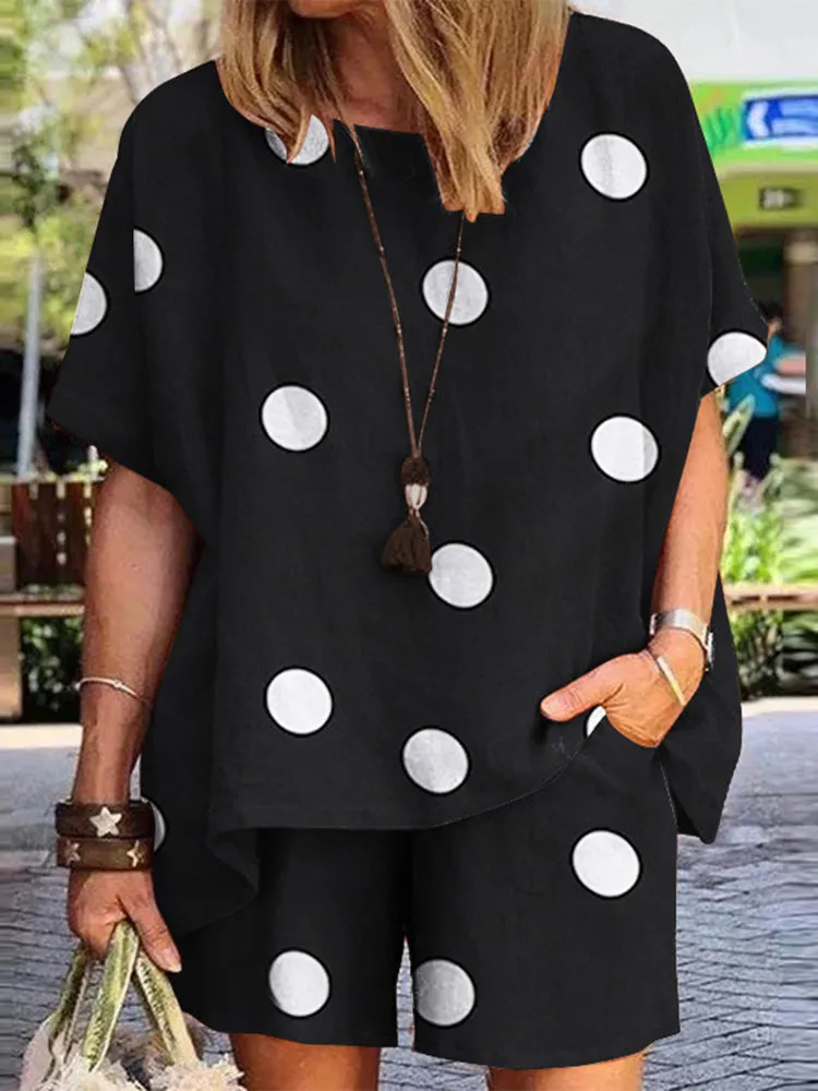 Dot Print Half Sleeve Elastic Waist Suit For Women