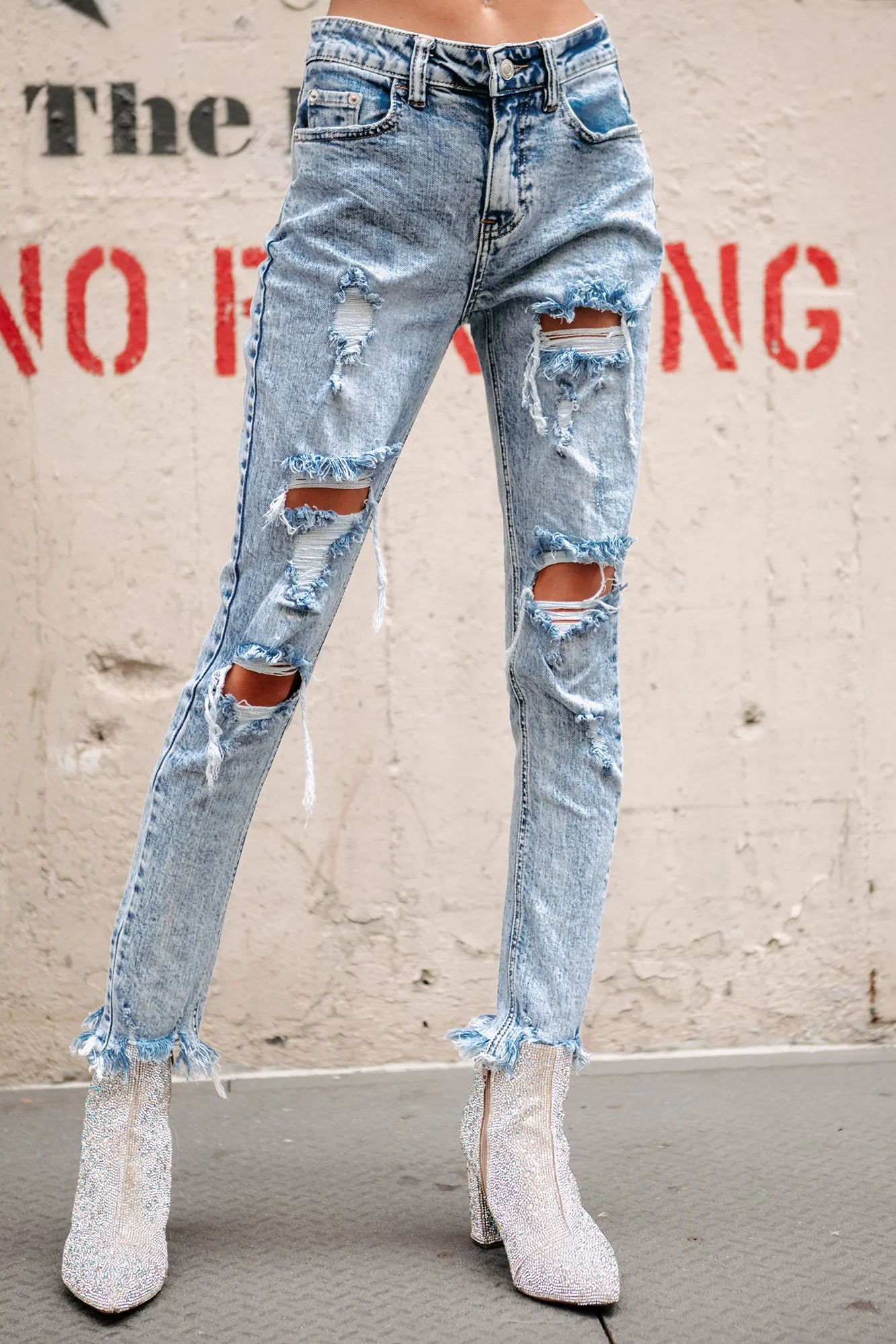 Draya High Rise Acid Wash Distressed Skinny Jeans (Light Acid)