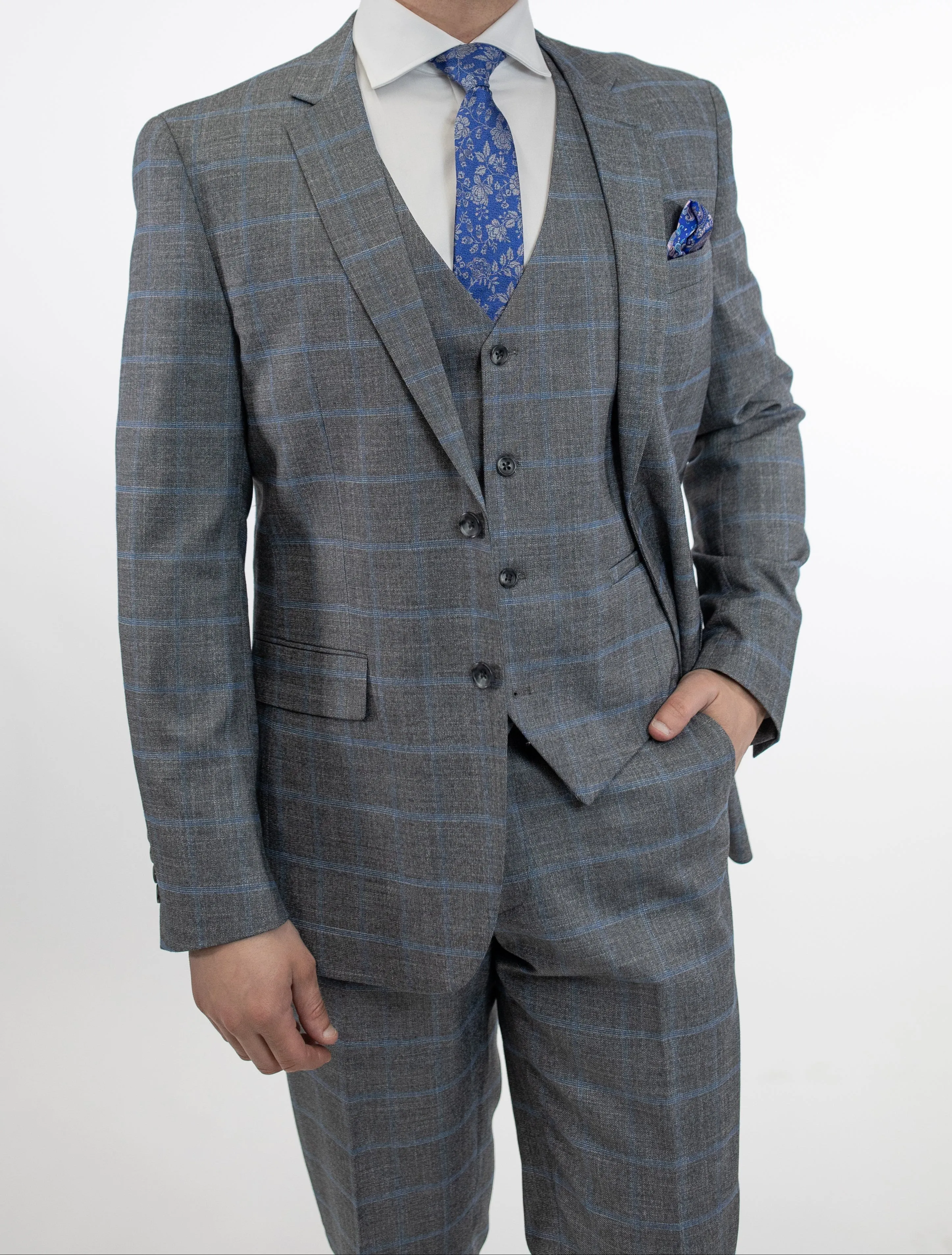 FUBU Grey Crosshatch with Blue Windowpane Vested Suit