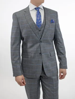 FUBU Grey Crosshatch with Blue Windowpane Vested Suit