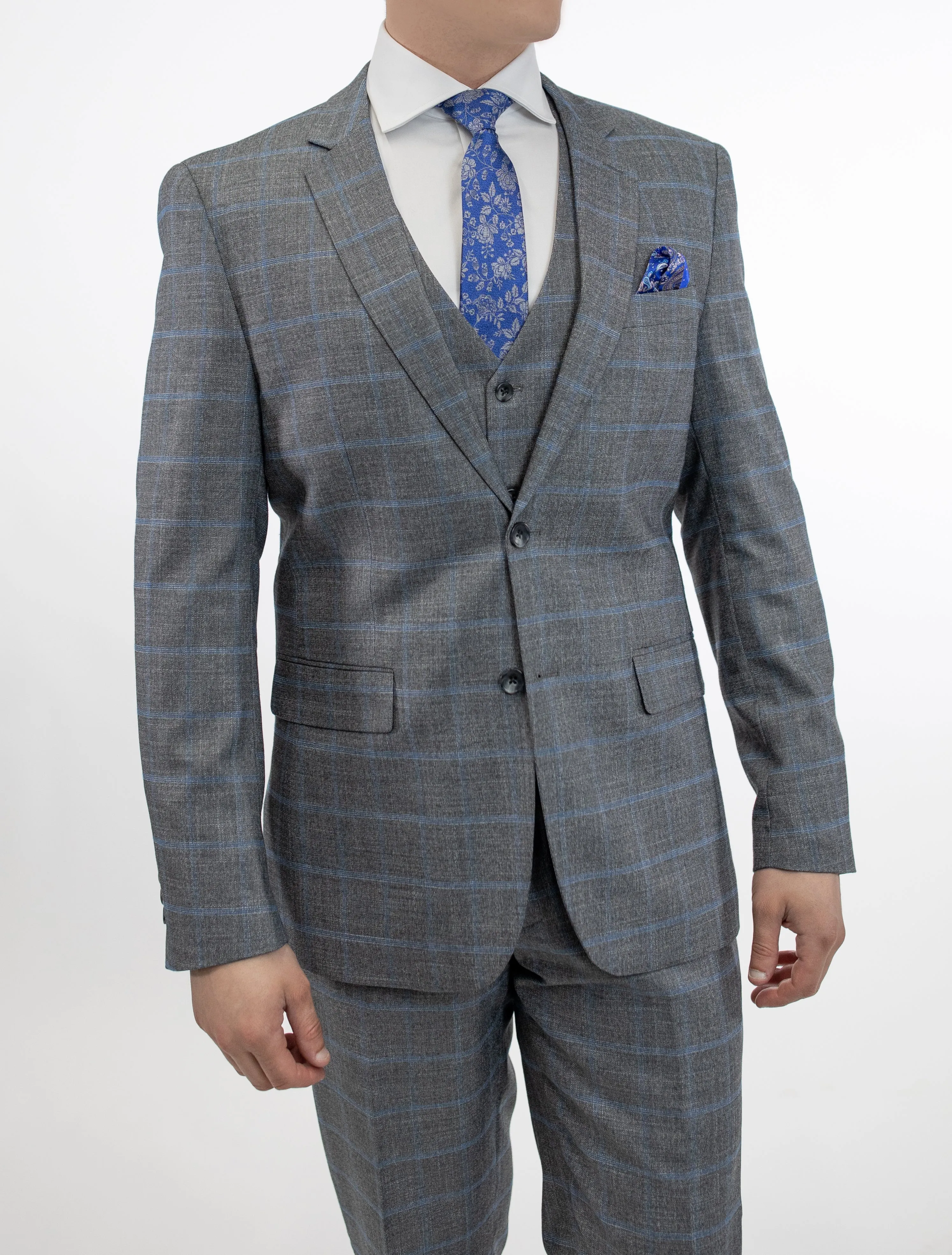 FUBU Grey Crosshatch with Blue Windowpane Vested Suit
