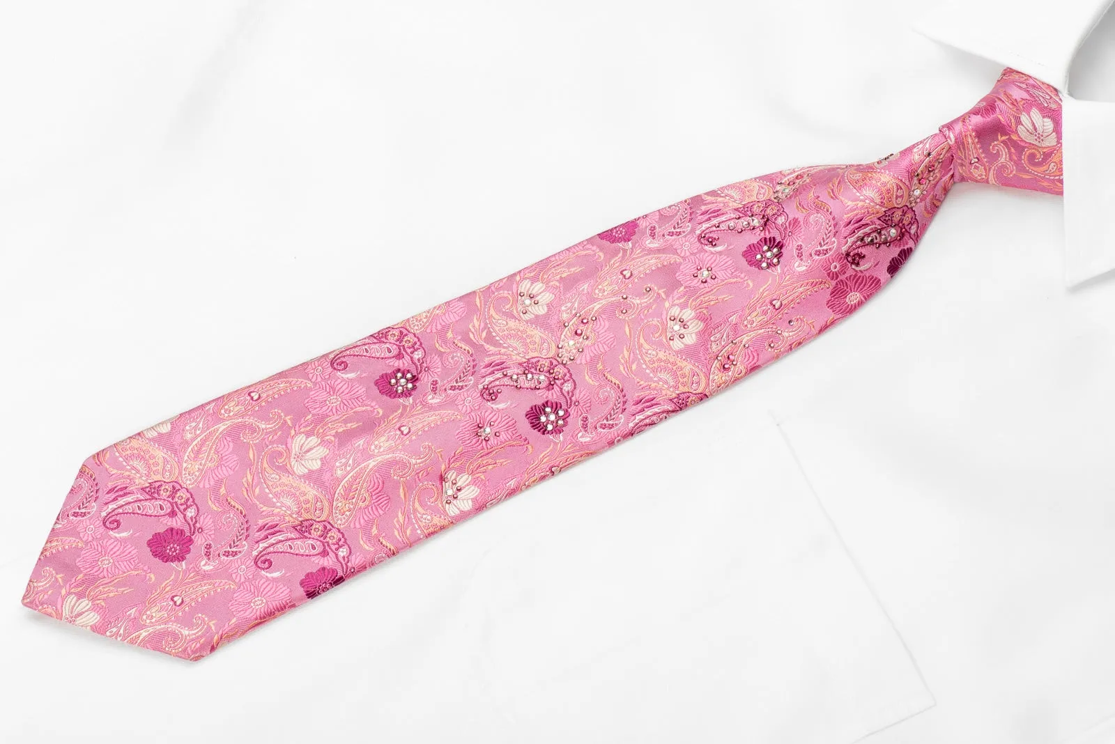 Indian Homme Men's Crystal Silk Tie Floral Paisley On Pink Sparkling With Rhinestones