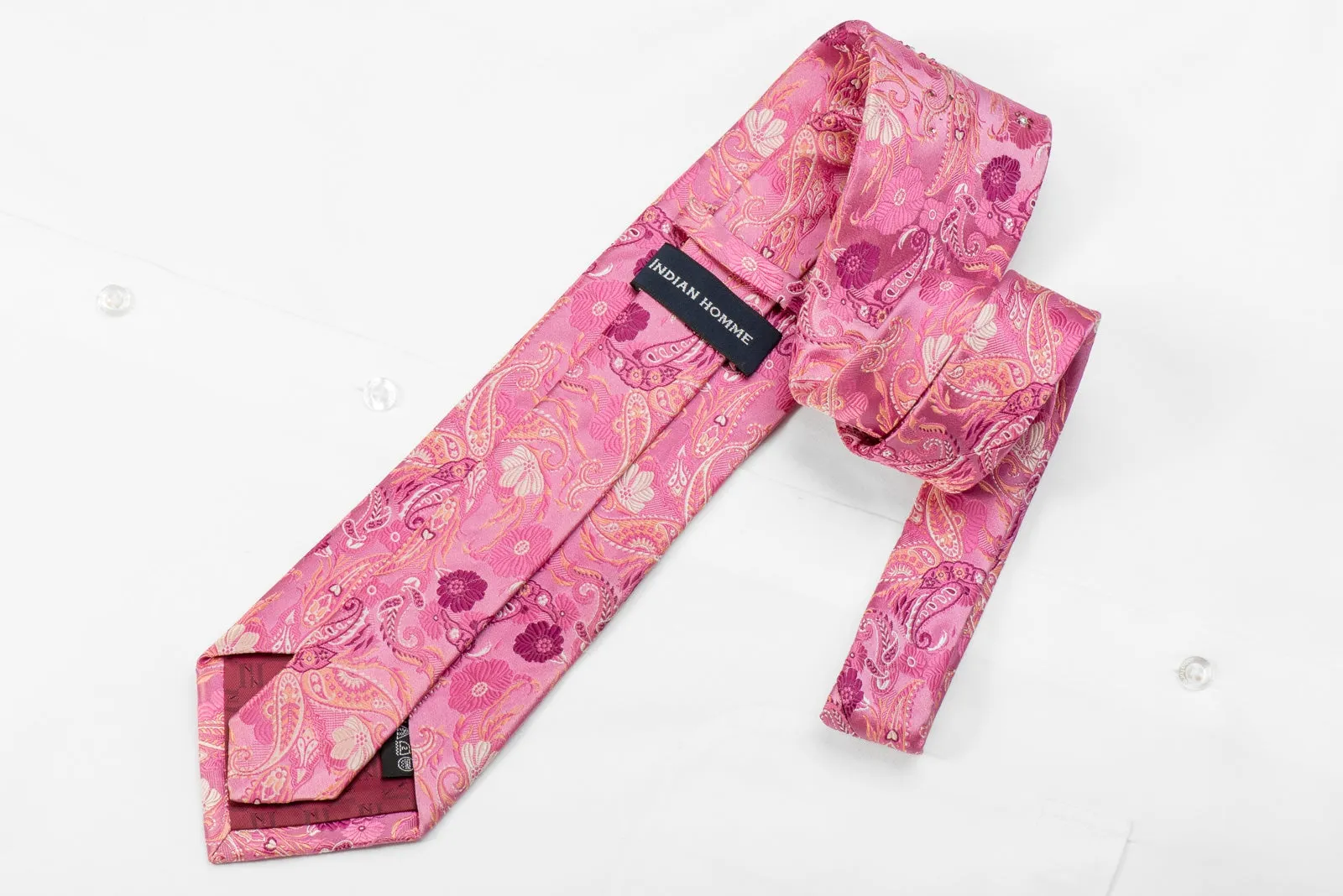 Indian Homme Men's Crystal Silk Tie Floral Paisley On Pink Sparkling With Rhinestones