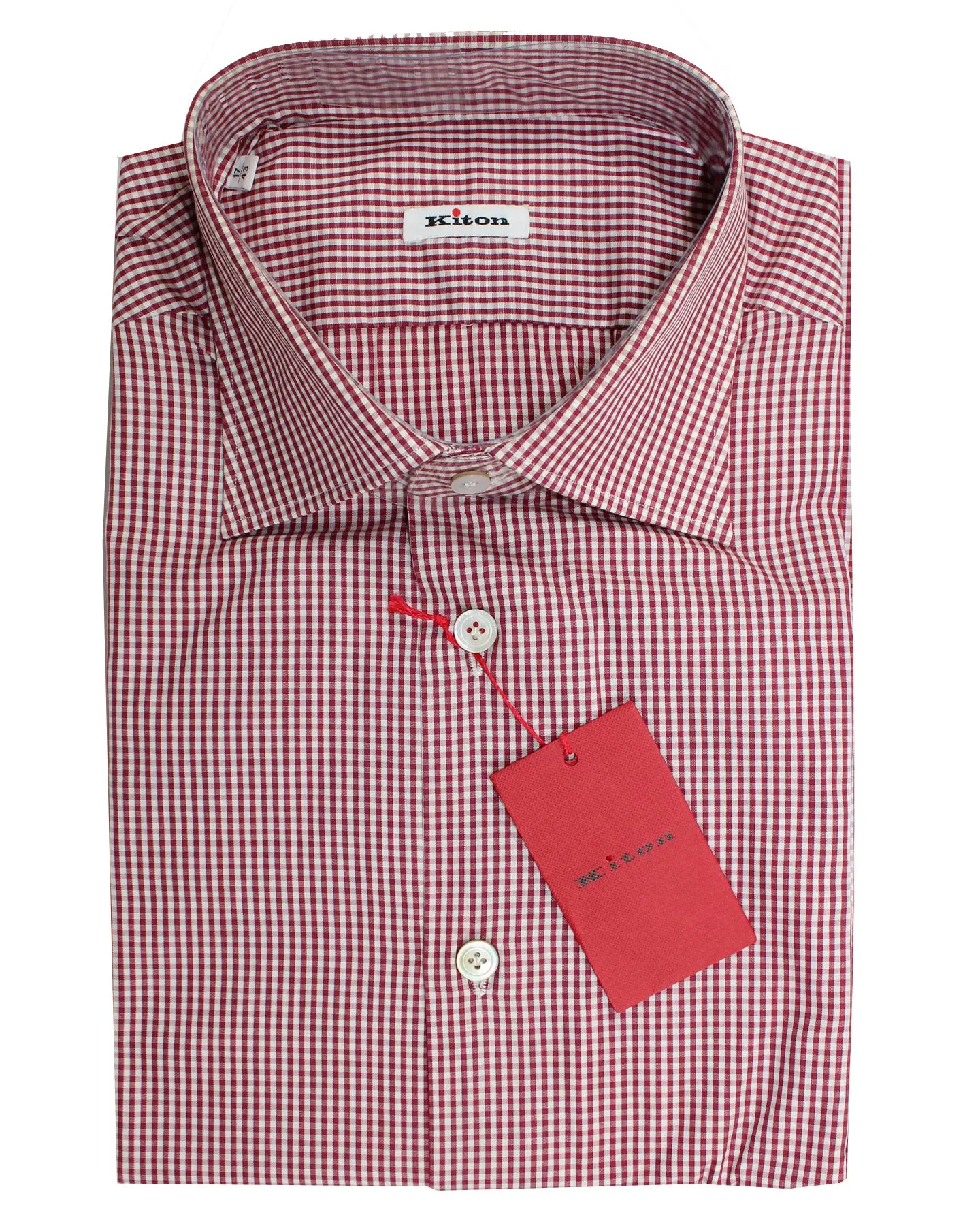 Kiton Dress Shirt White Maroon Mini Check Spread Collar 43 - 17 SALE