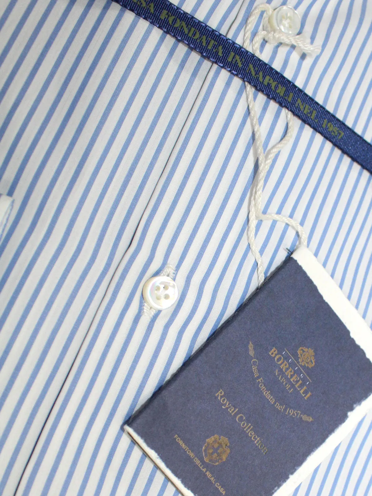 Luigi Borrelli Dress Shirt ROYAL COLLECTION White Blue Stripes 38 - 15