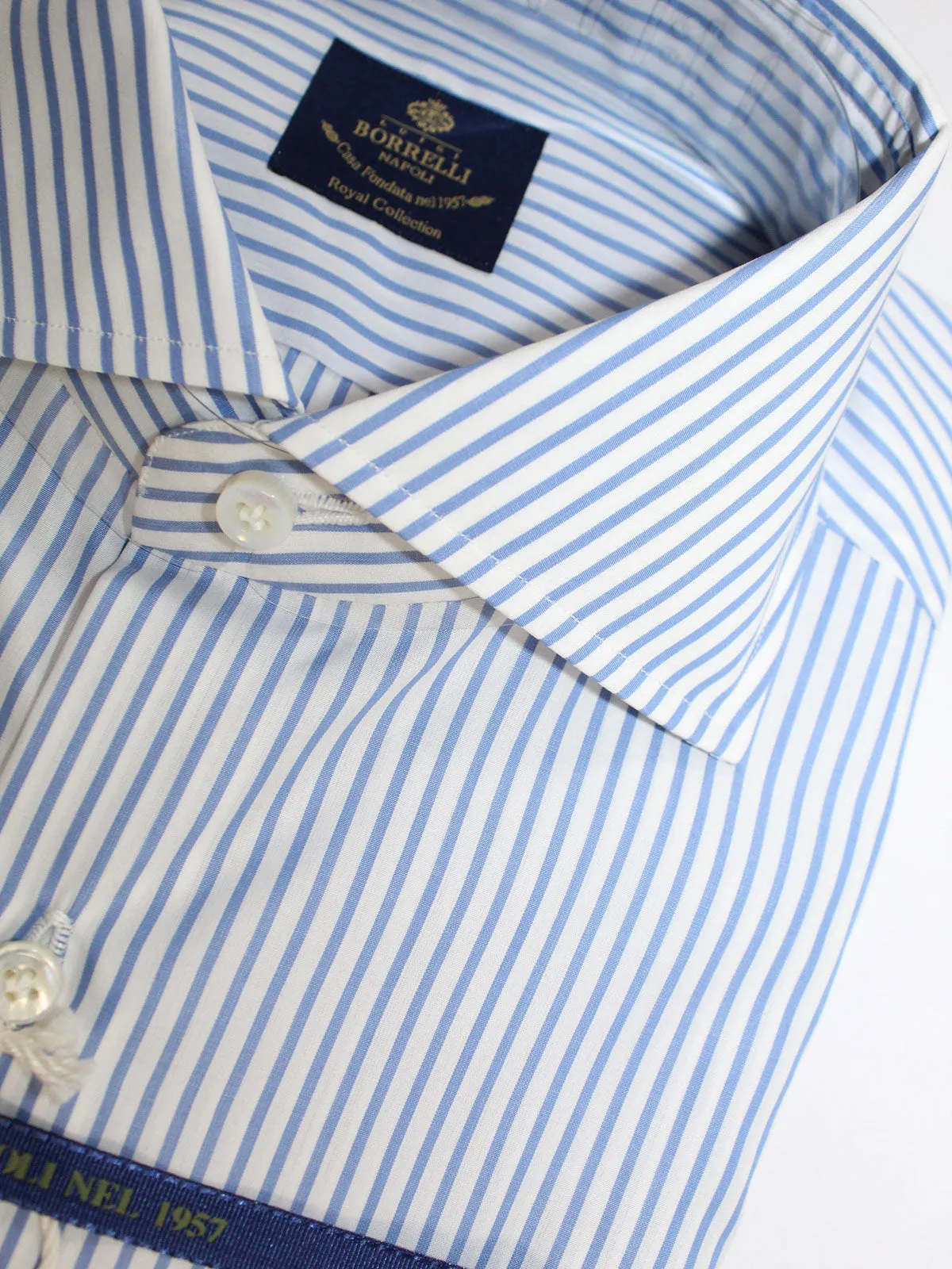 Luigi Borrelli Dress Shirt ROYAL COLLECTION White Blue Stripes 38 - 15