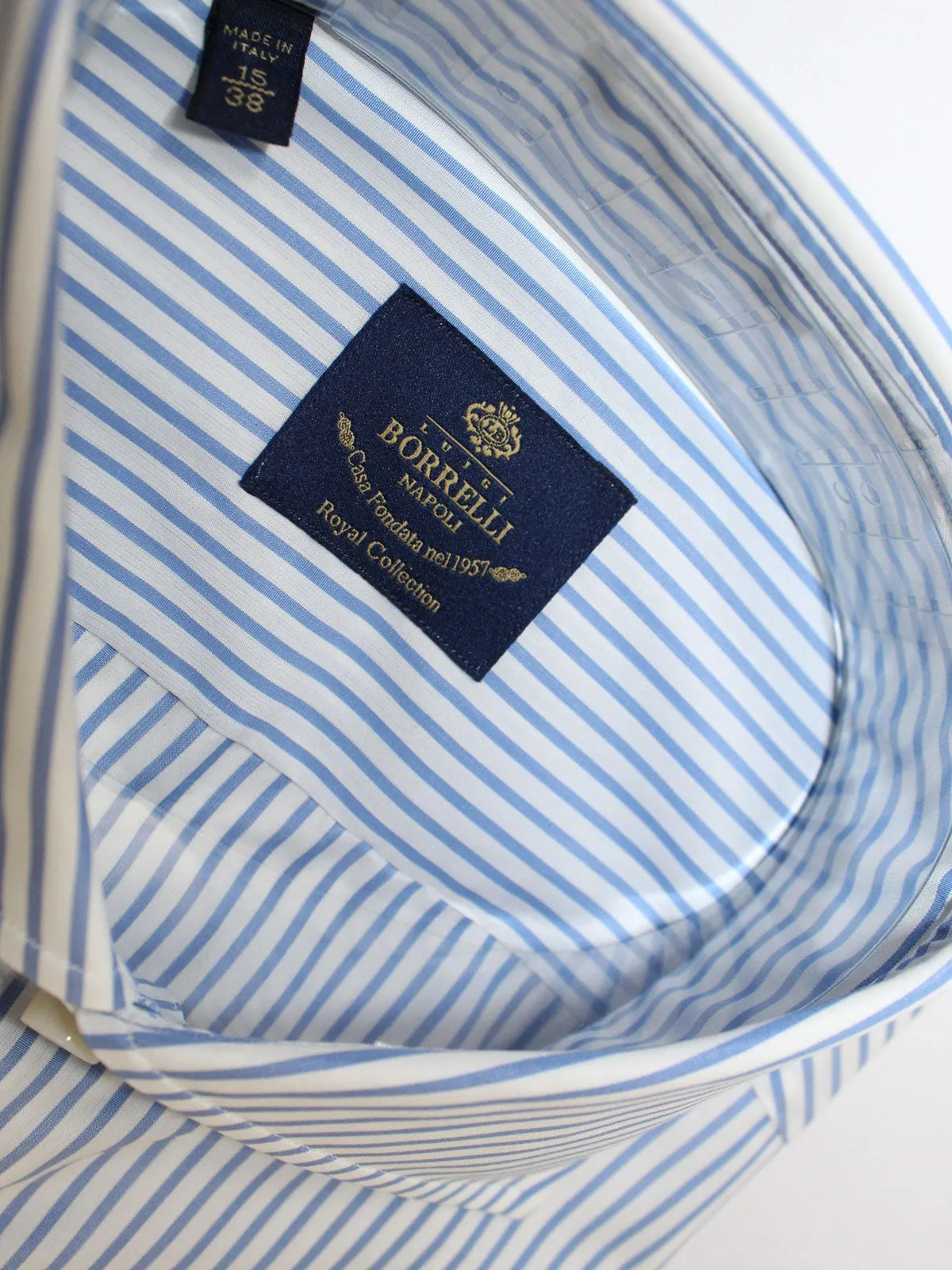 Luigi Borrelli Dress Shirt ROYAL COLLECTION White Blue Stripes 38 - 15