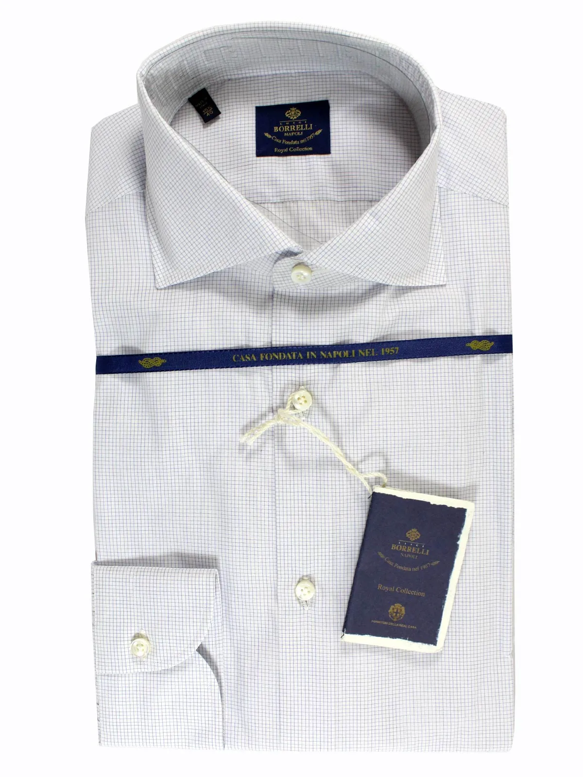 Luigi Borrelli Dress Shirt ROYAL COLLECTION White Navy Grid 40 - 15 3/4 SALE