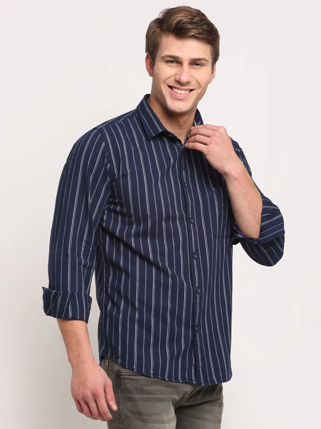 Men Cotton Striped Navy Blue Full Sleeve Casual Shirt for Men with Pocket