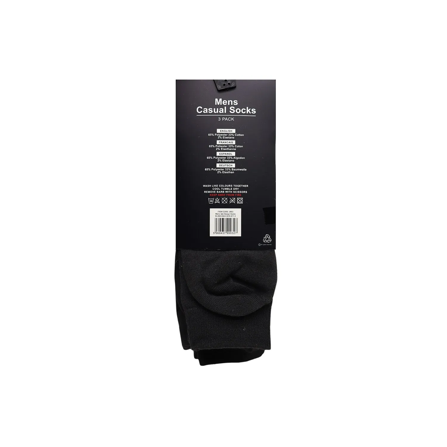 Mens Black Casual Socks 3PK Size 6-11