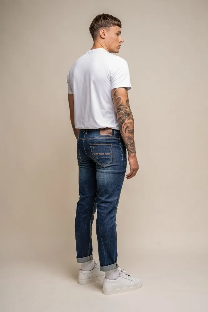 Men's Casual Slim Fit Denim Stretch Jeans - Dark Blue