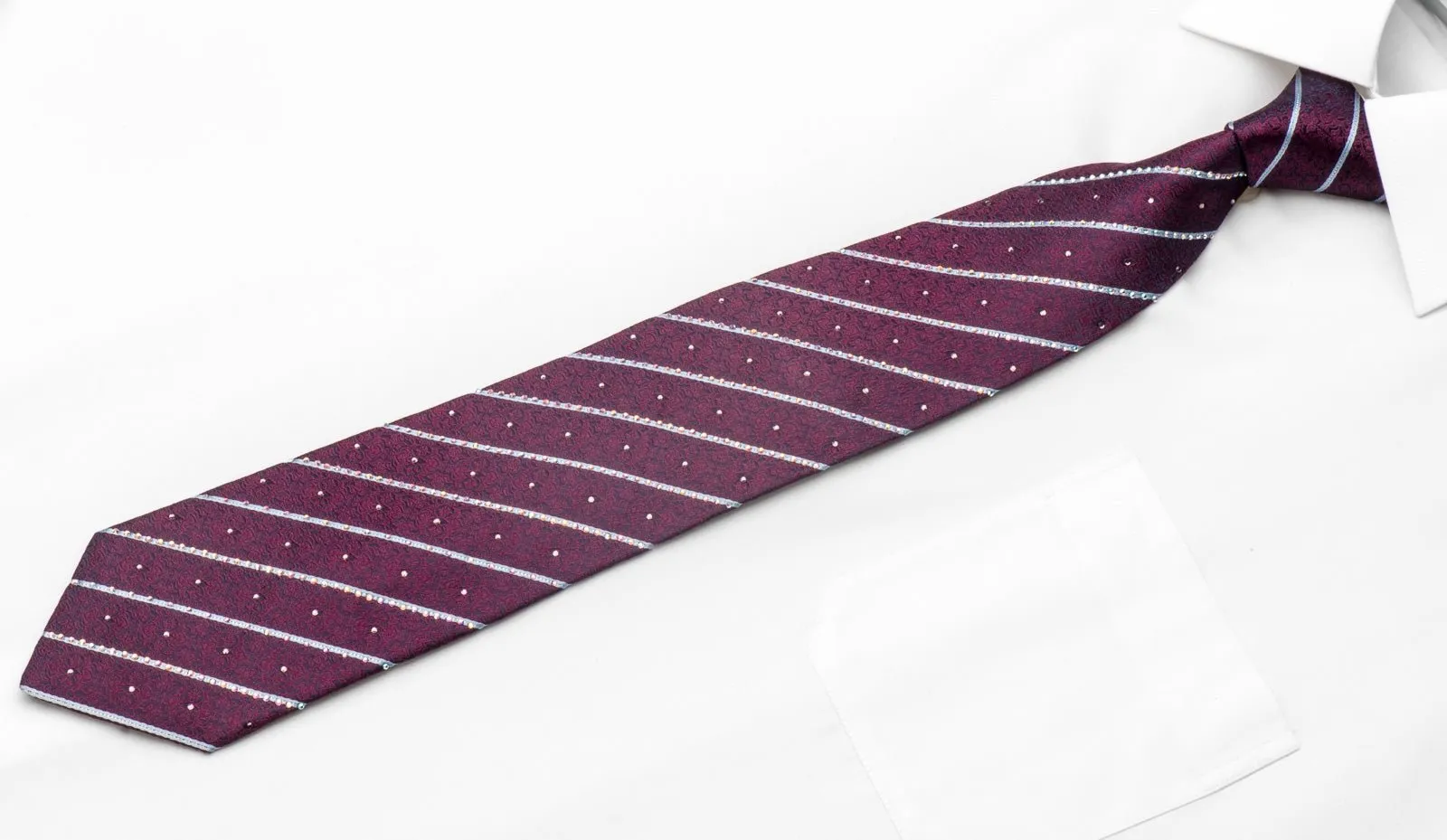Men's Silk Rhinestone Tie Silver Striped On Purple Damask On Navy Blue