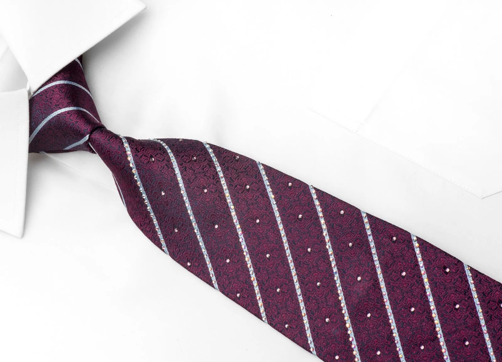Men's Silk Rhinestone Tie Silver Striped On Purple Damask On Navy Blue