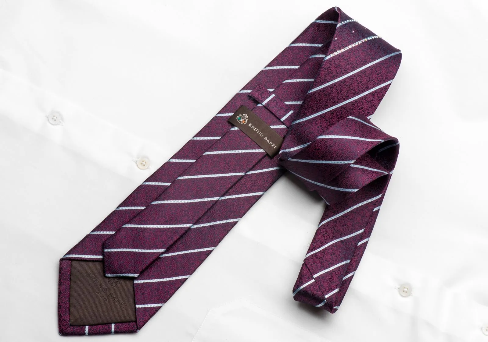 Men's Silk Rhinestone Tie Silver Striped On Purple Damask On Navy Blue