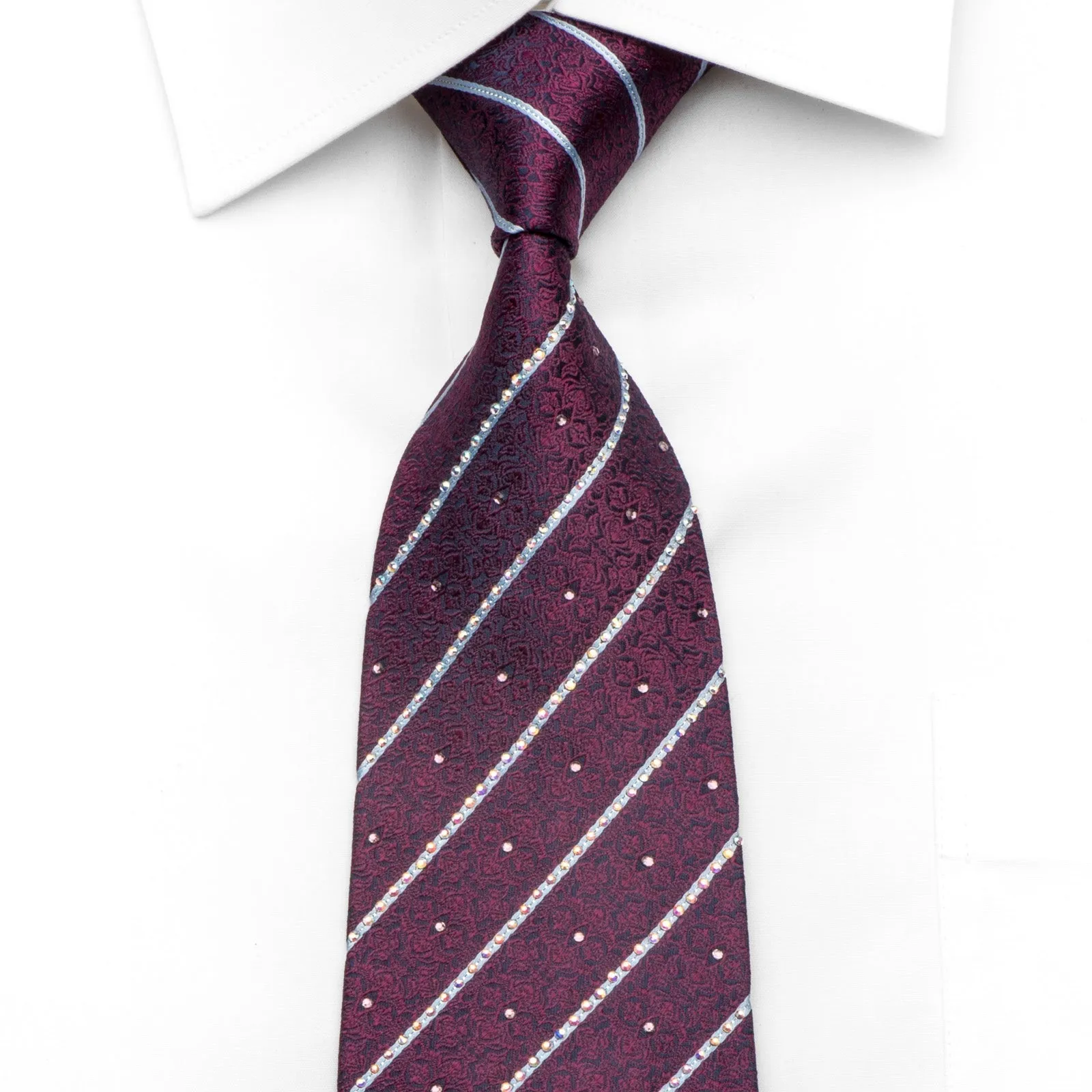 Men's Silk Rhinestone Tie Silver Striped On Purple Damask On Navy Blue
