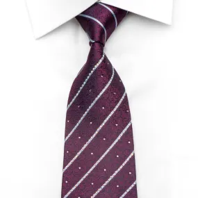 Men's Silk Rhinestone Tie Silver Striped On Purple Damask On Navy Blue