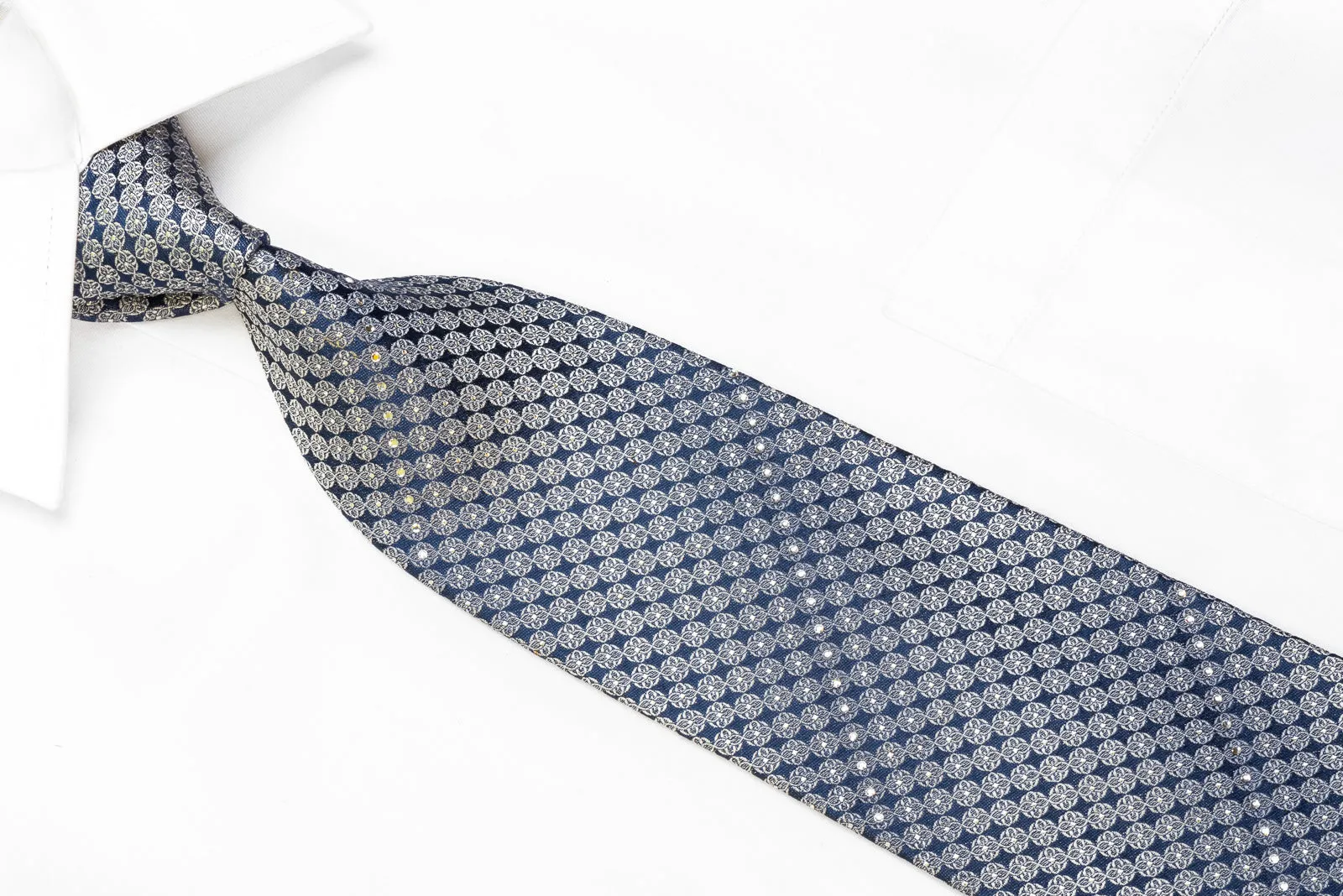 Nina Ricci Men's Rhinestone Silk Necktie Silver Quatrefoil On Navy With Sparkles