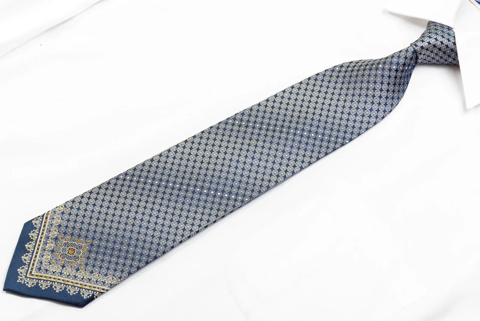 Nina Ricci Men's Rhinestone Silk Necktie Silver Quatrefoil On Navy With Sparkles