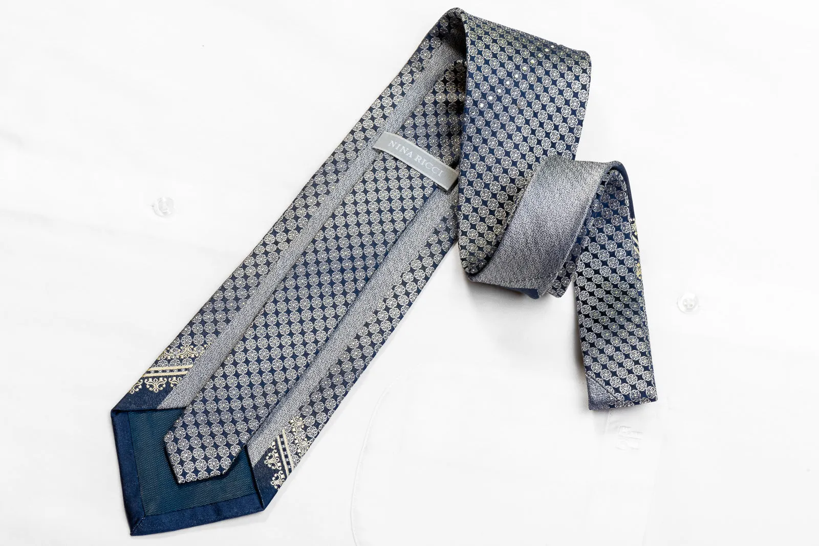 Nina Ricci Men's Rhinestone Silk Necktie Silver Quatrefoil On Navy With Sparkles