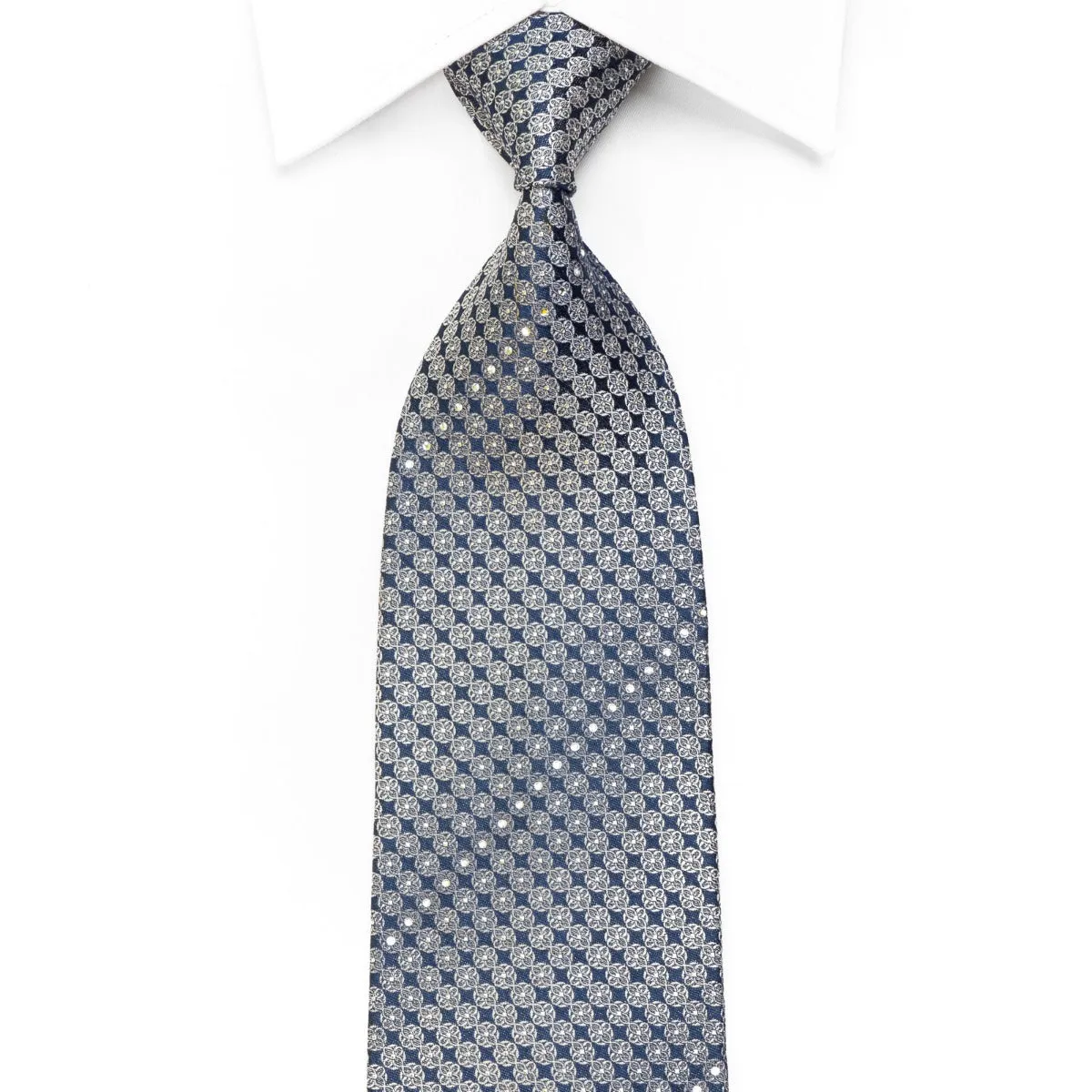 Nina Ricci Men's Rhinestone Silk Necktie Silver Quatrefoil On Navy With Sparkles