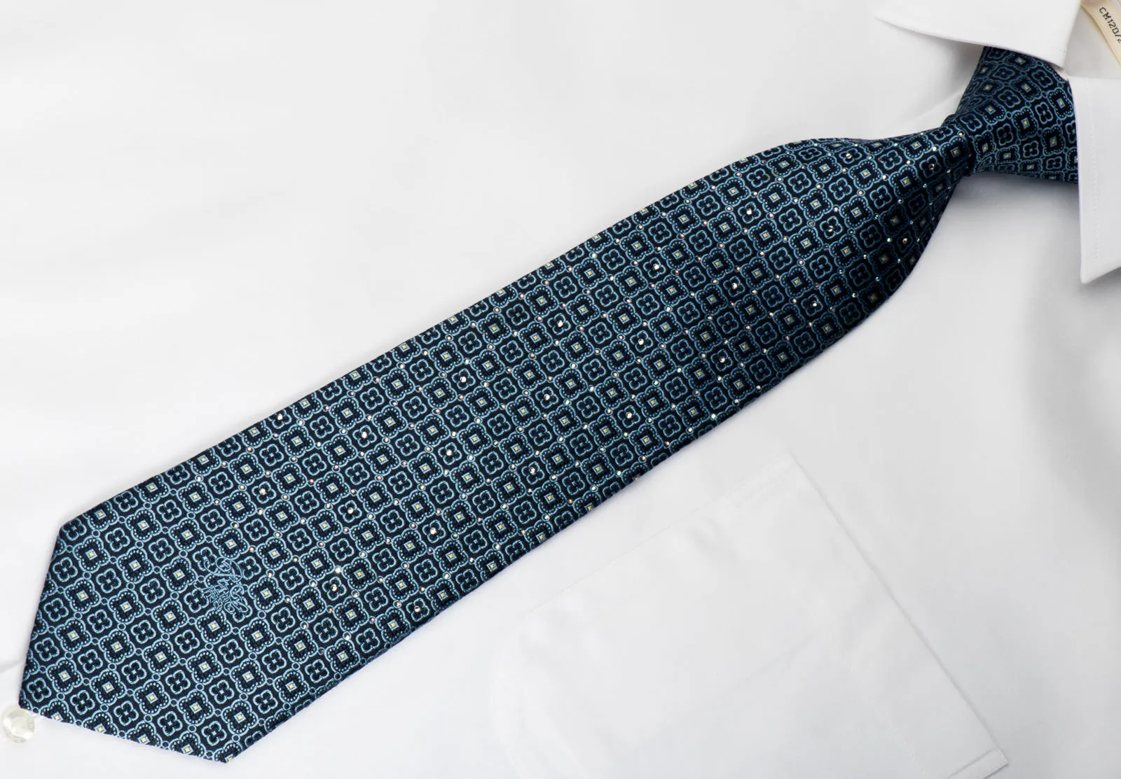 Nina Ricci Silk Necktie Foulard On Blue With Rhinestones