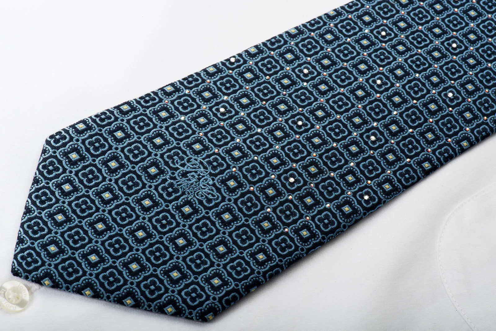 Nina Ricci Silk Necktie Foulard On Blue With Rhinestones