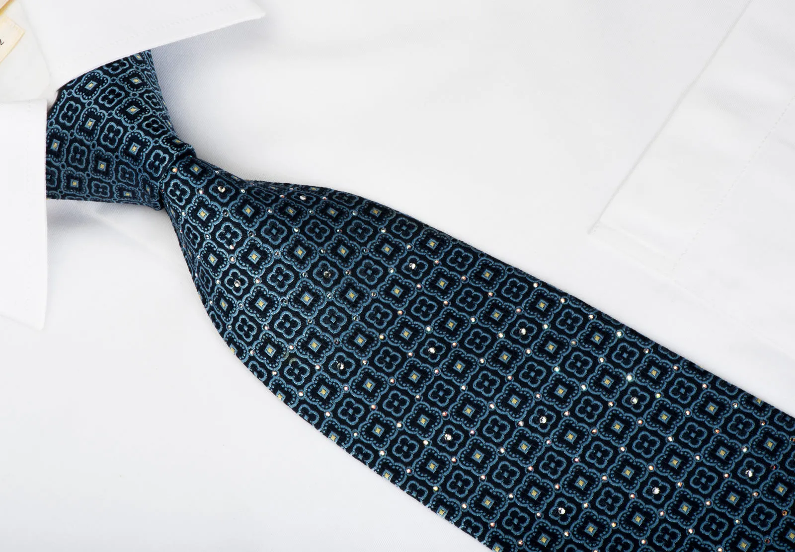 Nina Ricci Silk Necktie Foulard On Blue With Rhinestones