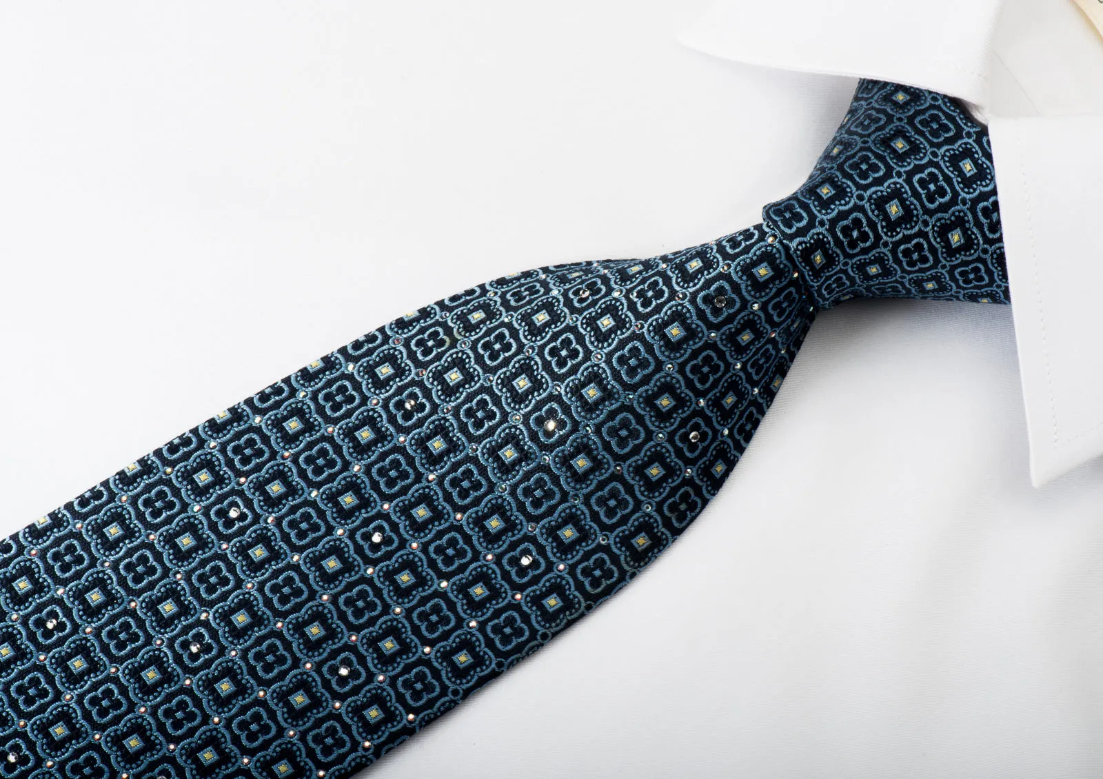 Nina Ricci Silk Necktie Foulard On Blue With Rhinestones