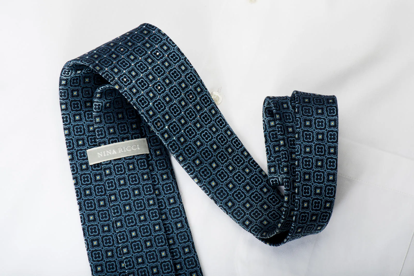 Nina Ricci Silk Necktie Foulard On Blue With Rhinestones