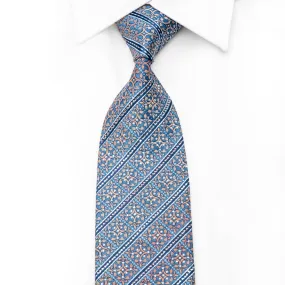 Orange Cartouche & Stripes On Blue Men's Crystal Rhinestone Silk Necktie With Sparkles