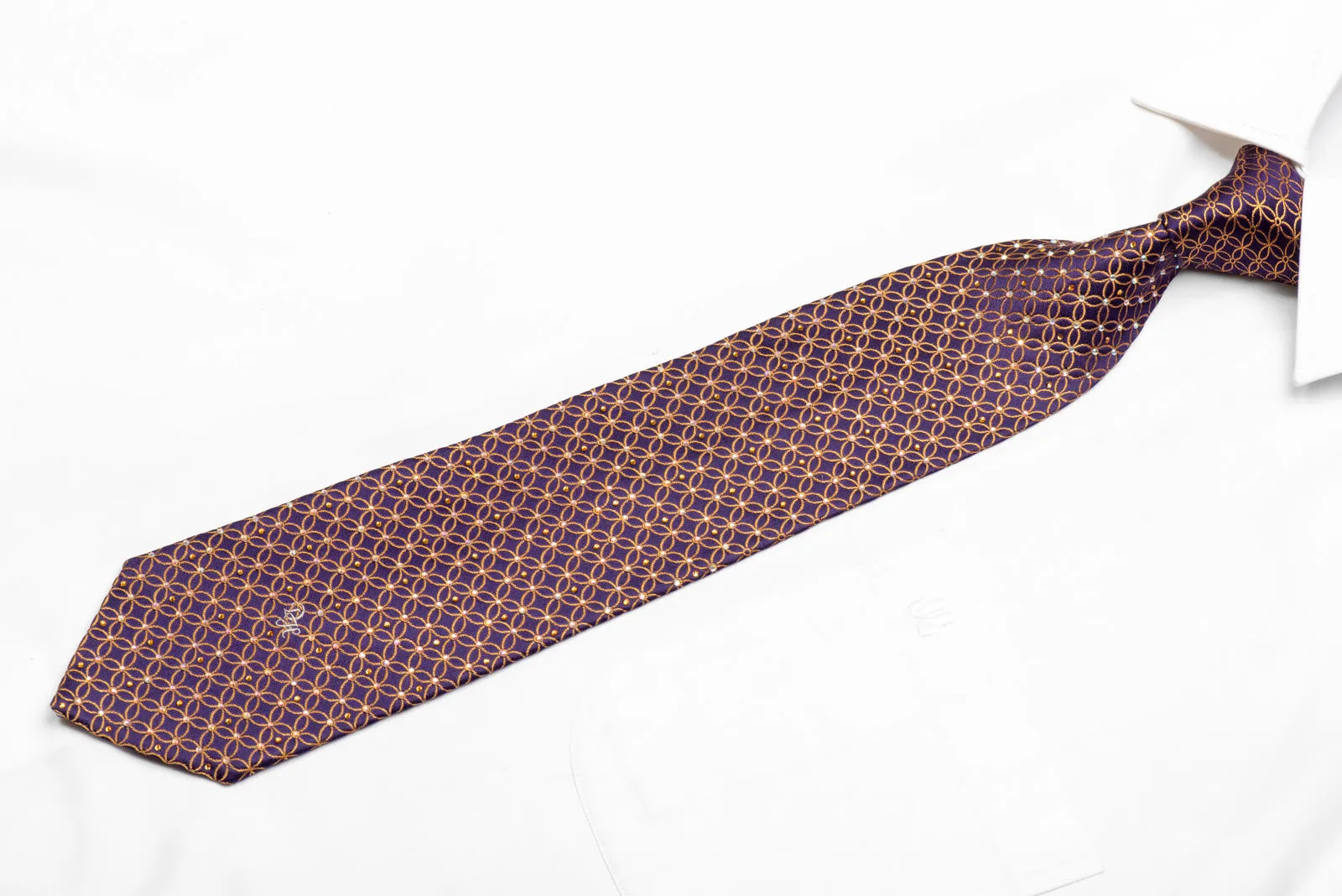 Orange Geometric Interlocking Circles On Purple Rhinestone Silk Necktie