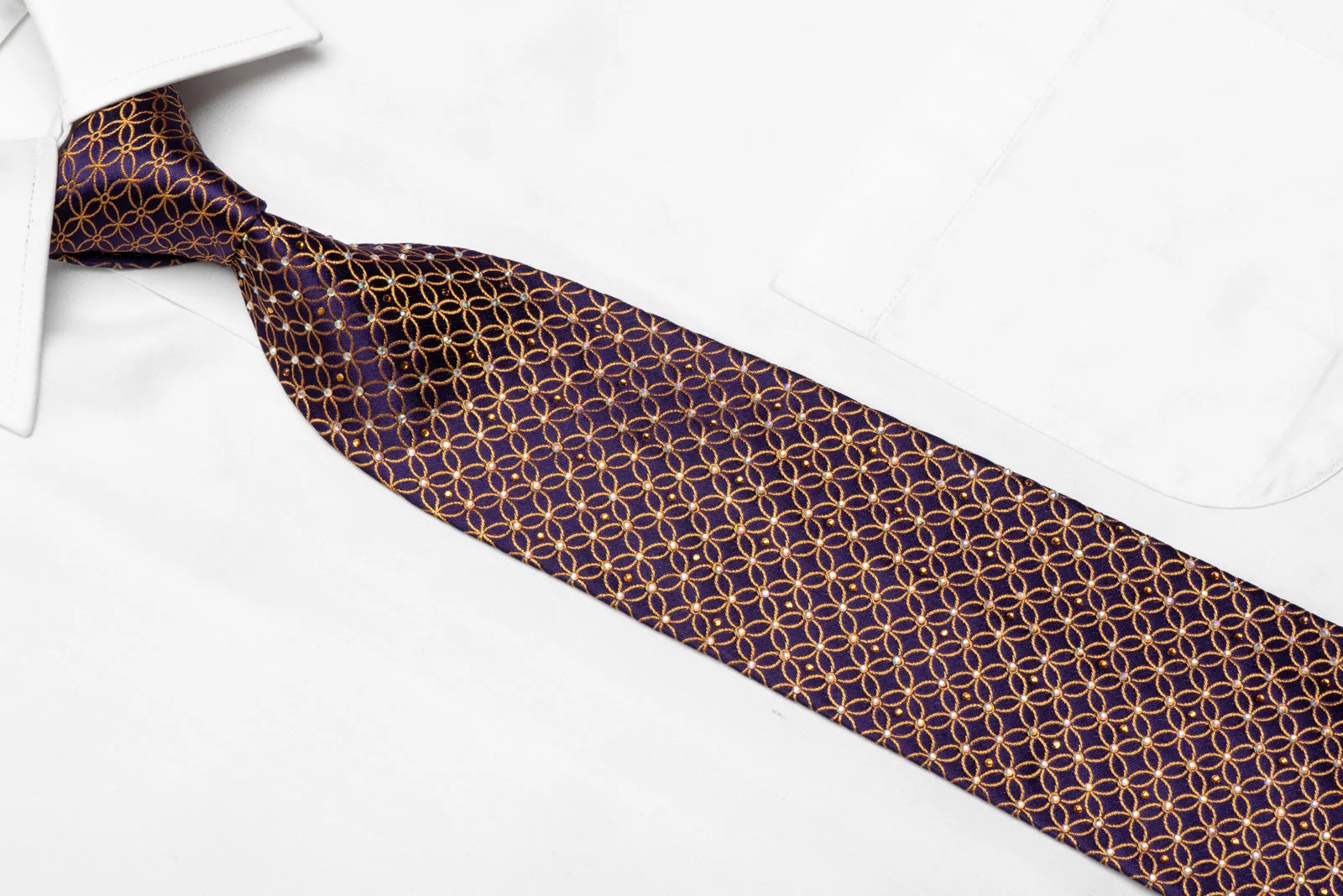 Orange Geometric Interlocking Circles On Purple Rhinestone Silk Necktie