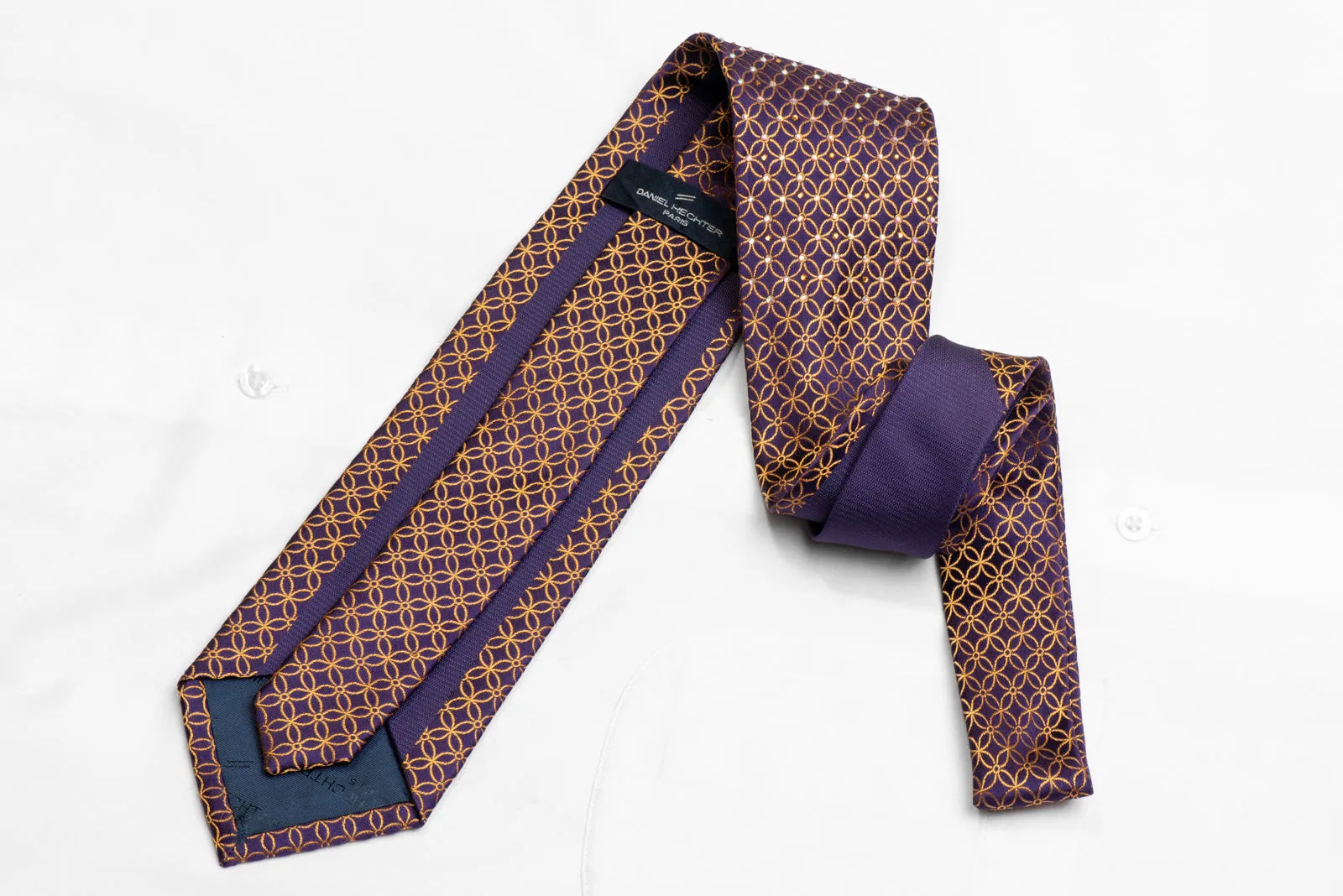 Orange Geometric Interlocking Circles On Purple Rhinestone Silk Necktie