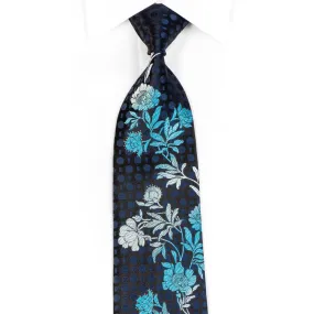 Perry Ellis Men's Silk Necktie Blue Floral On Black With Blue Sparkles