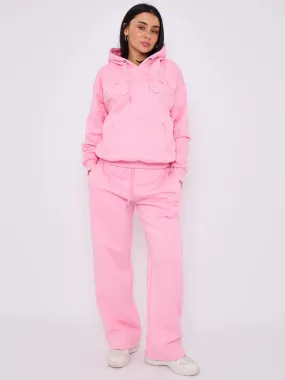 Pink Front & Back Cross Embroidered Hooded Fleece Loungewear Co-ord Set